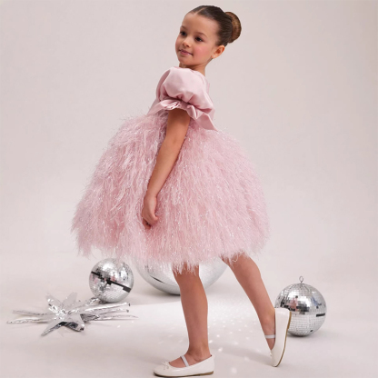 Satin Feather-trimmed Short Sleeve Midi Dresses - image 3