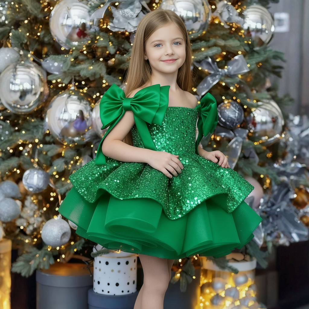 Glitter Bow Sleeveless Midi Dresses - Green - 12-13Y - image 9