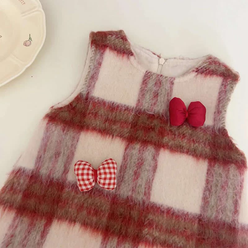 [Archive Sale] Woolen Plaid  Bow Sleeveless Short Dresses - image 3