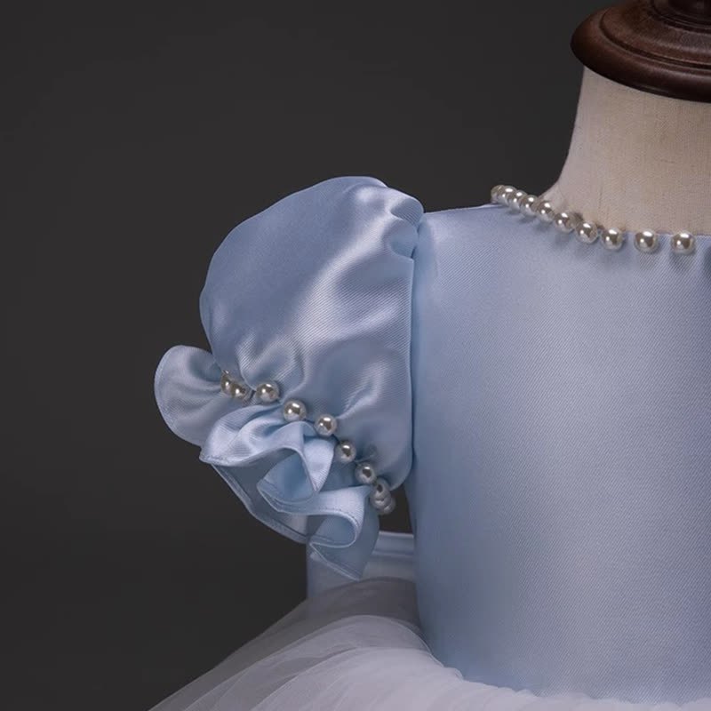 Satin Bow Imitation Pearls Short Sleeve Mid-long Dresses - image 5