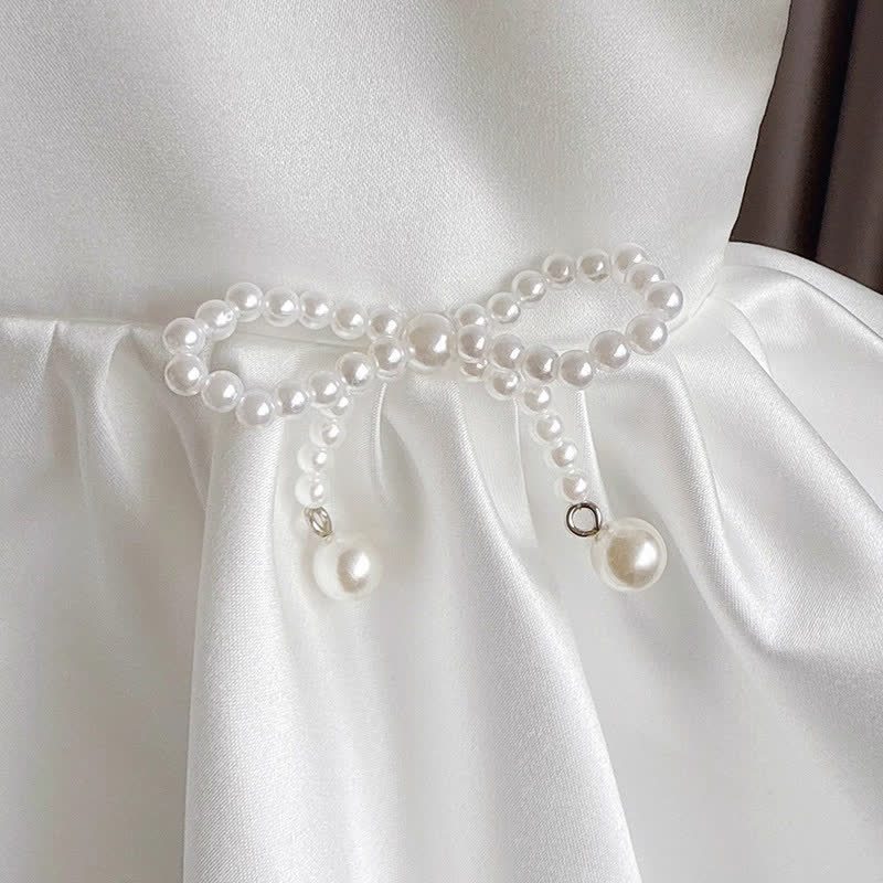 Chemical Fiber Blend Imitation Pearls Short Sleeve Mid-long Dresses - image 5