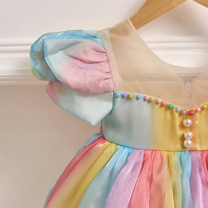 Organza Rainbow Pearls Short Sleeve Long Dresses - image 5