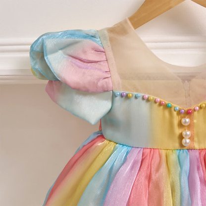 Organza Rainbow Pearls Short Sleeve Long Dresses - image 5