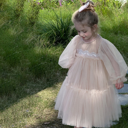 [Archive Sale] Mesh Folds Lace Long Sleeve Mid-long Dresses - image 8