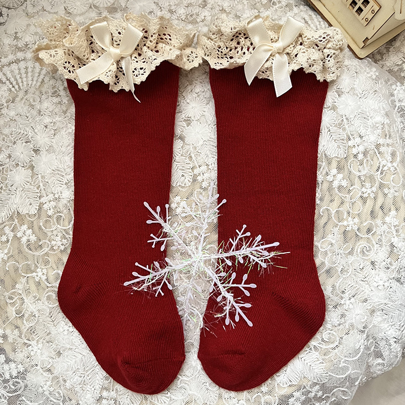 100% Cotton Solid With Bow Socks - Red - 3-5Y - image 2