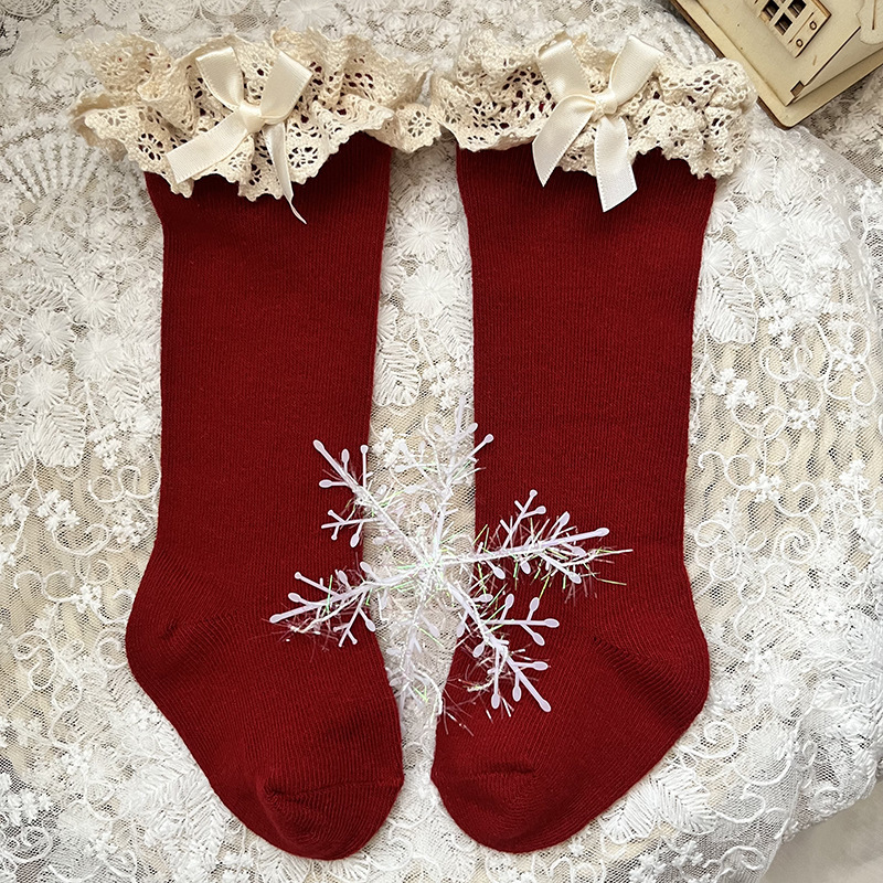 100% Cotton Solid With Bow Socks - Red - 3-5Y - image 2