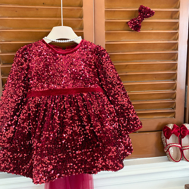 [Archive Sale] Cotton-blend Bow Fleece Sequins Long Sleeve Mid-long Dresses - image 3