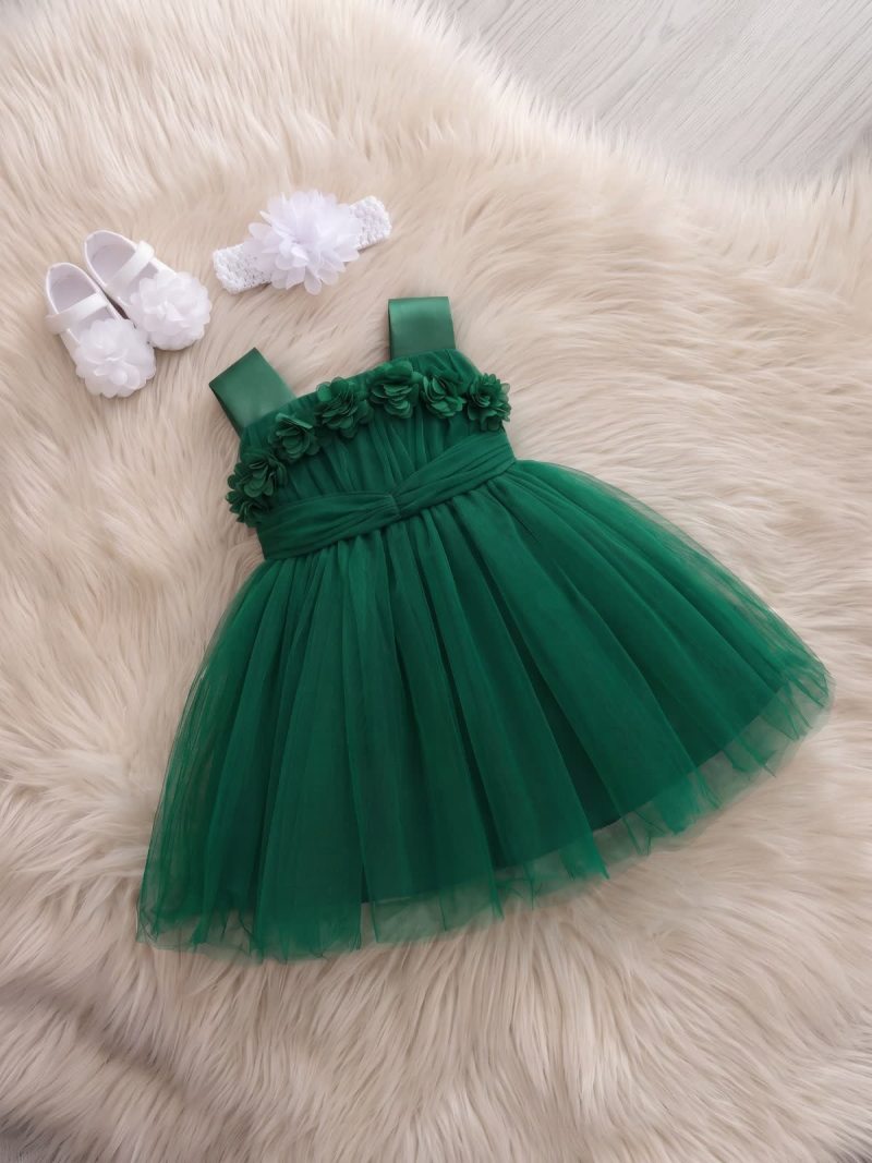 Elegant Mesh Rosette Birthday Dress Matching Set – 3PCS Baby Girl Outfit with Headband & Shoes - Dark Green - 12-18M - image 21