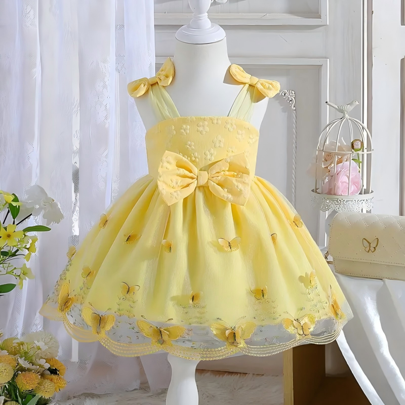 Mesh Bow Sleeveless Midi Dresses - Yellow - 10Y - image 7