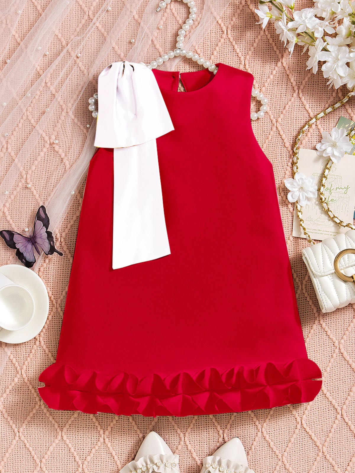SCUBA KNIT Bow Sleeveless Midi Dresses - Red - 5-6Y - image 9