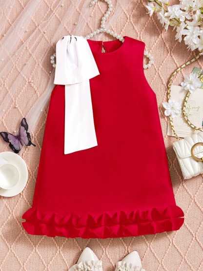 SCUBA KNIT Bow Sleeveless Midi Dresses - Red - 5-6Y - image 9