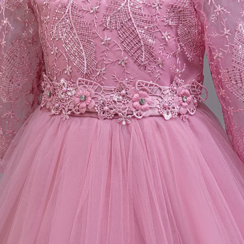 Embroidery Mesh Rosette Crystal Long Sleeve Maxi Dresses - image 6