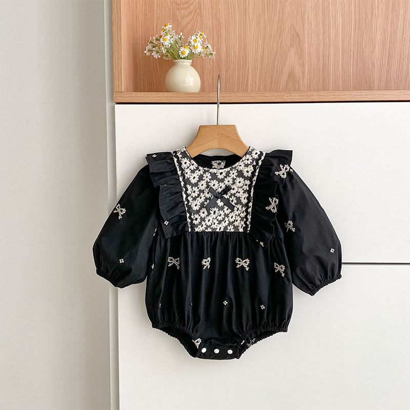 Cotton Bow Floral-embroidered Long Sleeve Regular Dresses&Bodysuit - Black Bodysuit - 90cm - image 13