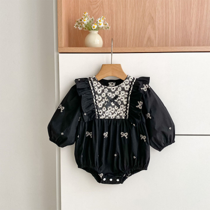 Cotton Bow Floral-embroidered Long Sleeve Regular Dresses&Bodysuit - Black Bodysuit - 90cm - image 13