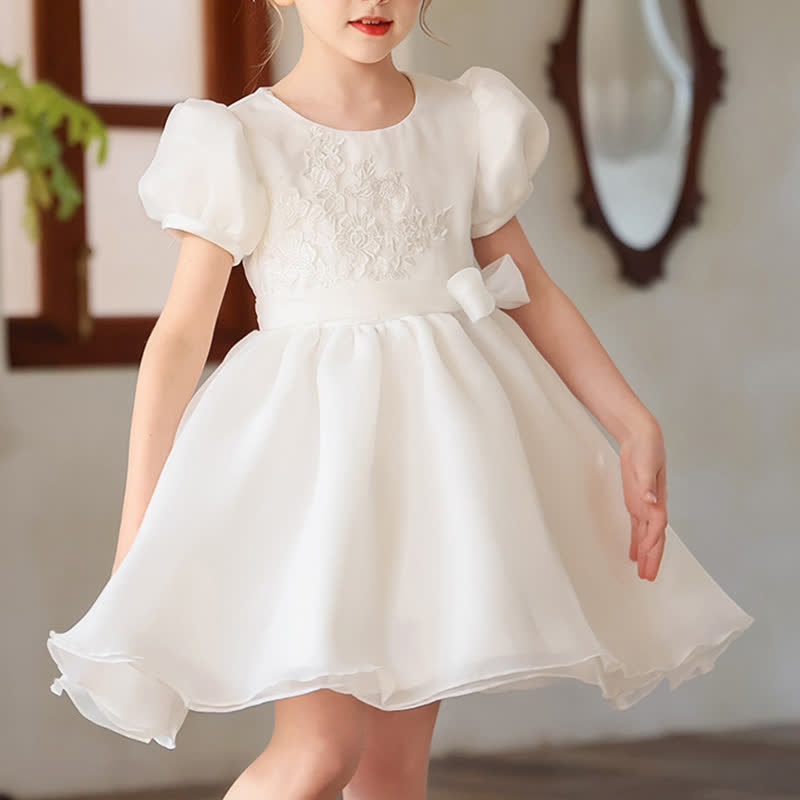 Chemical Fiber Blend Embroidery Bow Short Sleeve Mid-long Dresses - image 4