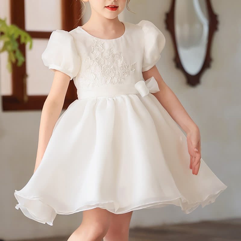 Chemical Fiber Blend Embroidery Bow Short Sleeve Mid-long Dresses - image 4