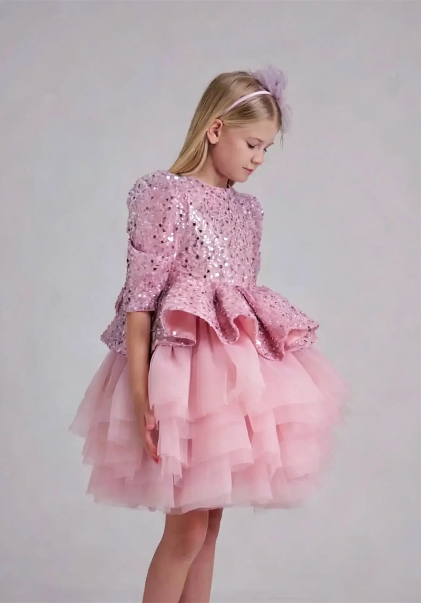 Mesh Sequins Half Sleeve Midi Dresses - Pink - 13-14Y - image 8