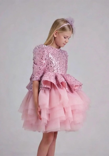 Mesh Sequins Half Sleeve Midi Dresses - Pink - 13-14Y - image 8
