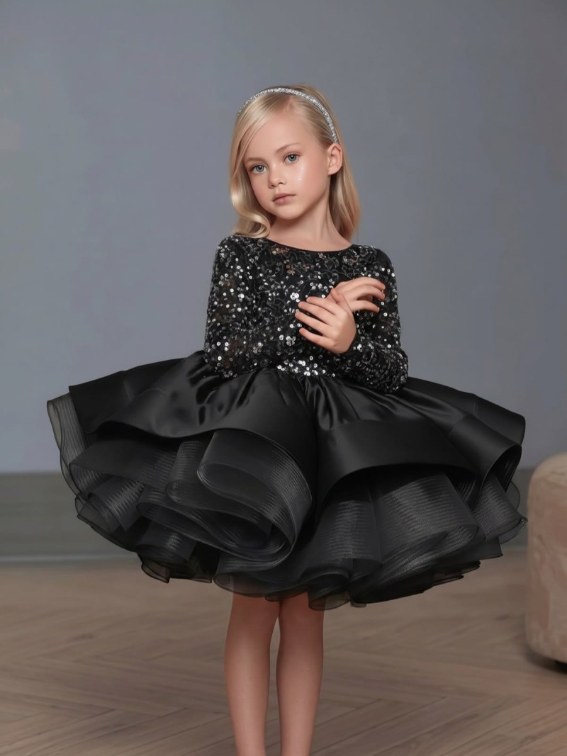 Glitter Bow Long Sleeve Midi Dresses - Black - 12-13Y - image 8