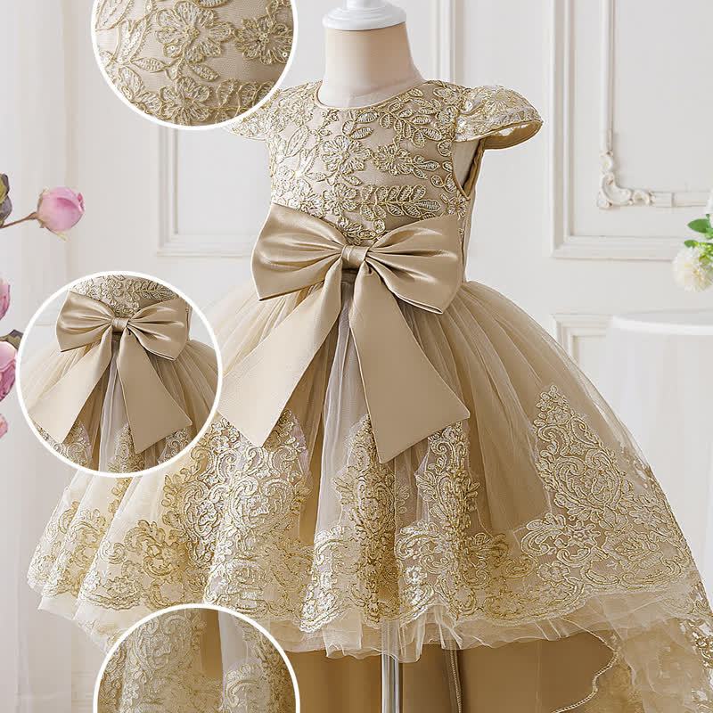 Embroidery Mesh Bow Floral-embroidered Short Sleeve Maxi Dresses - image 3