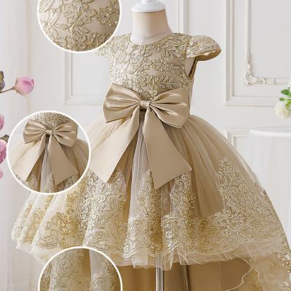 Embroidery Mesh Bow Floral-embroidered Short Sleeve Maxi Dresses - image 3