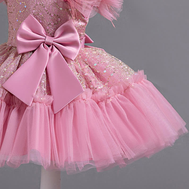 Mesh Feather-trimmed Bow Cap Sleeve Mid-long Dresses - image 24