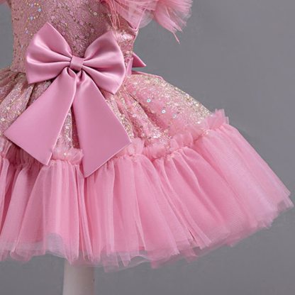 Mesh Feather-trimmed Bow Cap Sleeve Mid-long Dresses - image 24