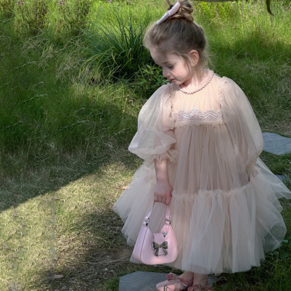 [Archive Sale] Mesh Folds Lace Long Sleeve Mid-long Dresses - image 12