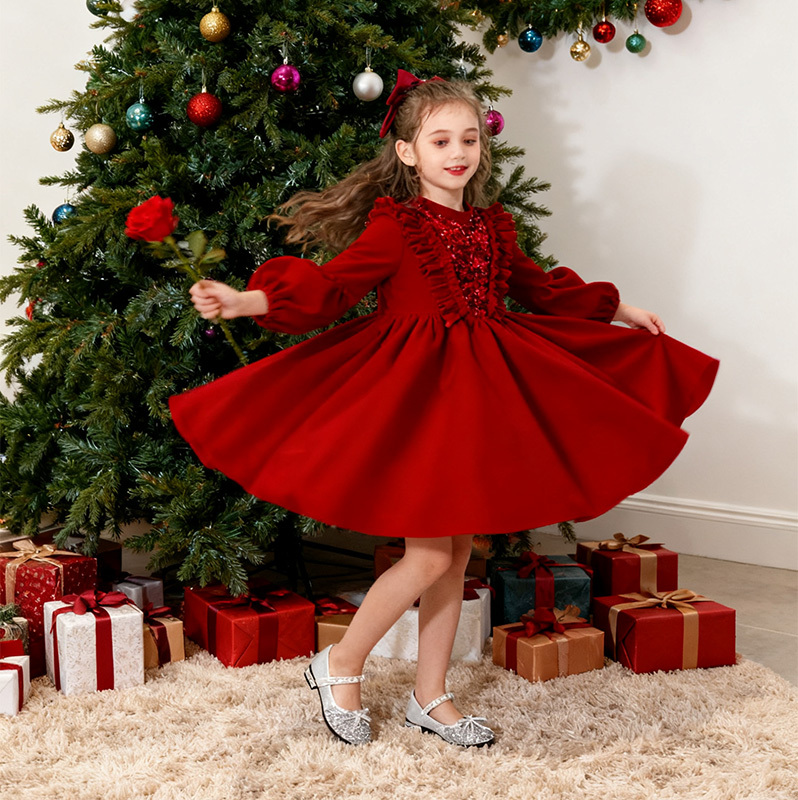 Velvet Sequins Flouncing Half Sleeve Mid-long Dresses - image 10