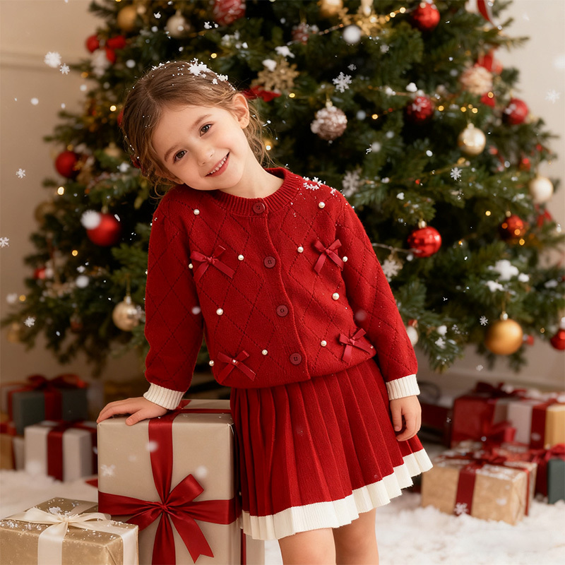 Yarn/wool Yarn Bow Imitation Pearls Long Sleeve Regular Two-piece Set - image 14