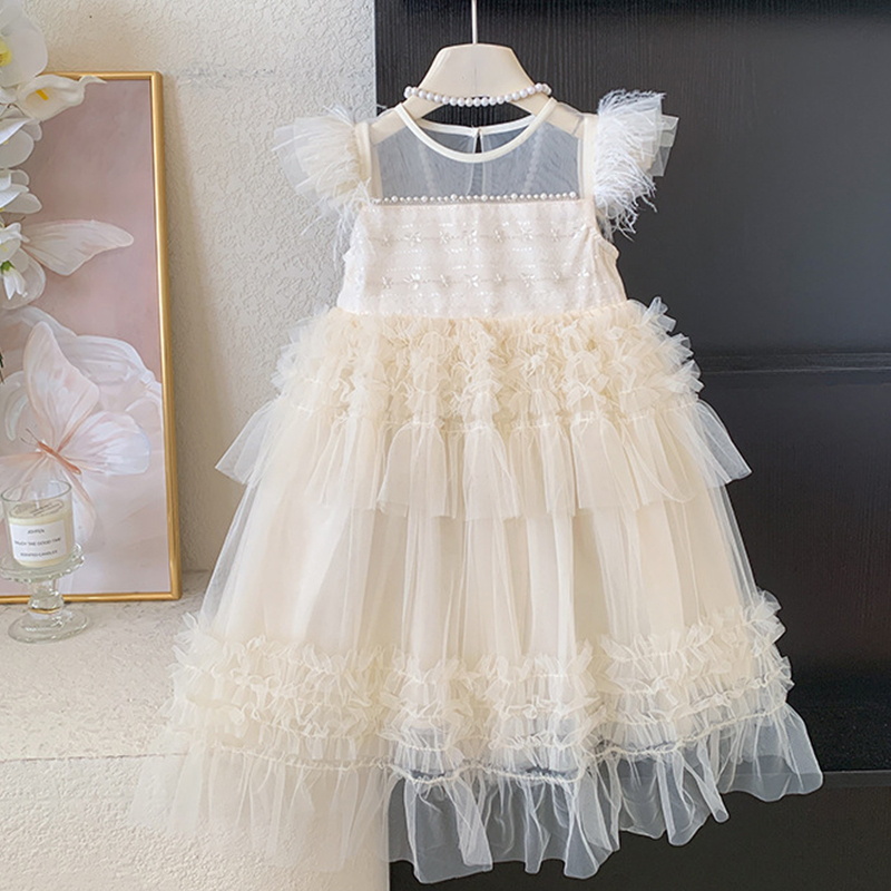 Mesh Folds Feather-trimmed Sleeveless Regular Dresses - image 8