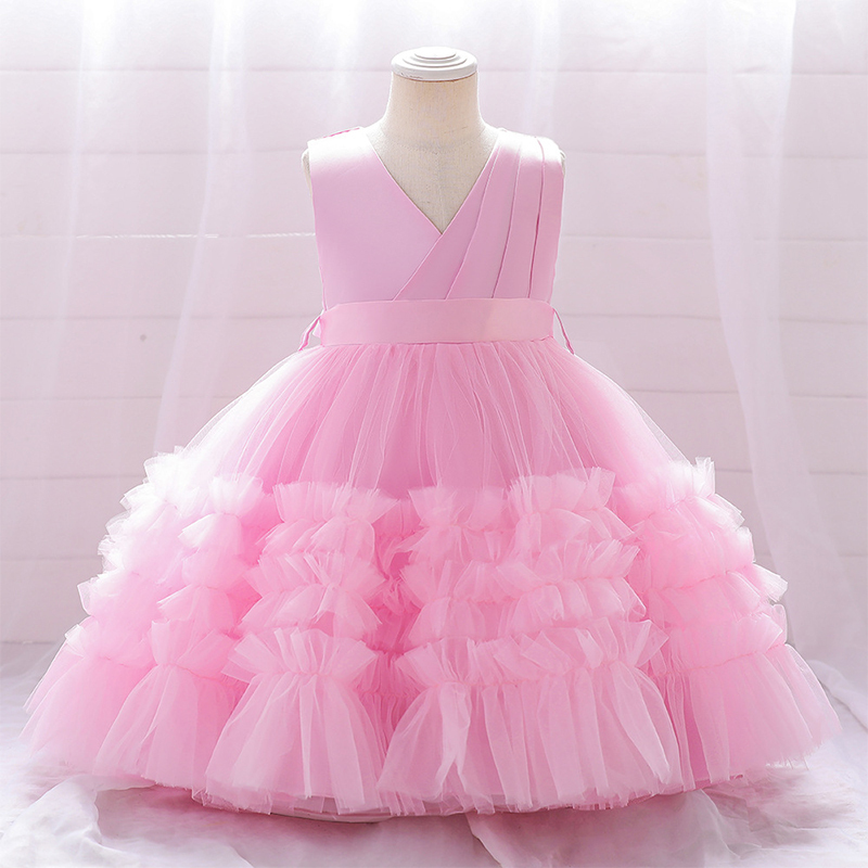 Mesh Bow Folds Sleeveless Mid-long Dresses - Pink - 7Y - image 1