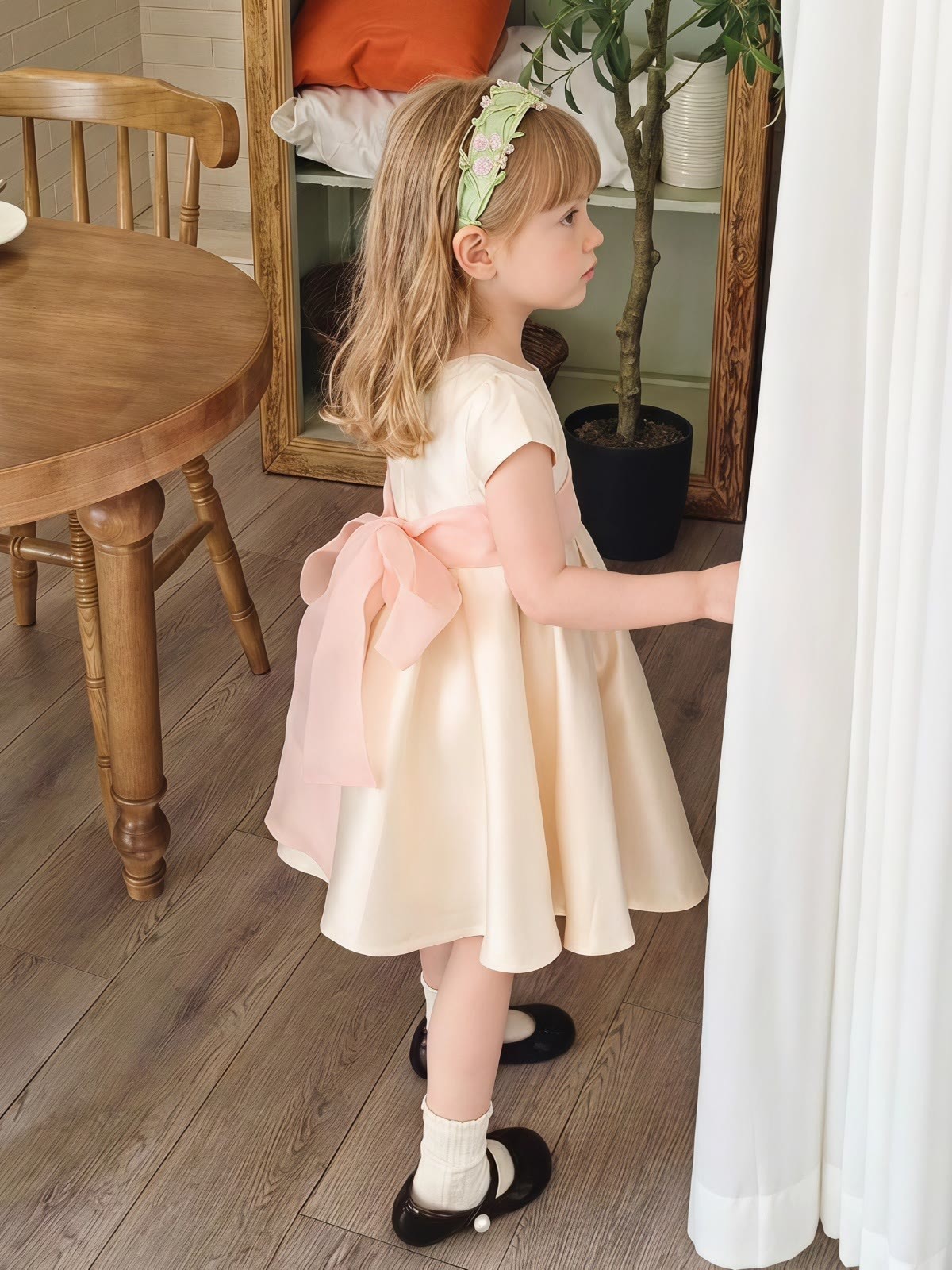 Satin Bow Short Sleeve Short Dresses - image 6
