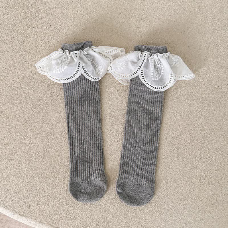Solid Stitching Lace Socks - Grey - One Size (Fits 7-16Y) - image 8