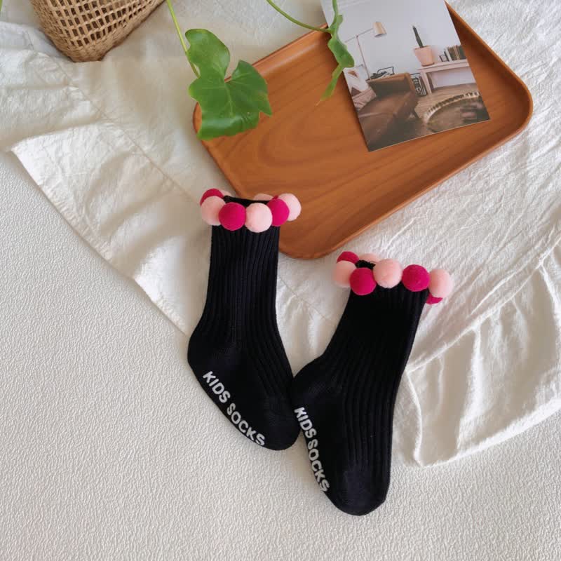 Polka Dots Fuzzy Ball Socks - Black Pink - 2-4Y - image 8