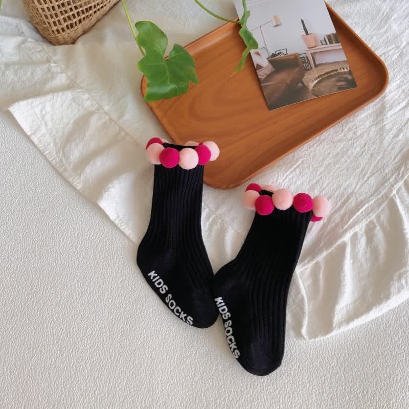 Polka Dots Fuzzy Ball Socks - Black Pink - 2-4Y - image 8