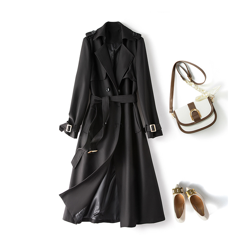 2024 Korean style temperament plus size windbreaker, slim and versatile long coat, lace-up waist women's clothing