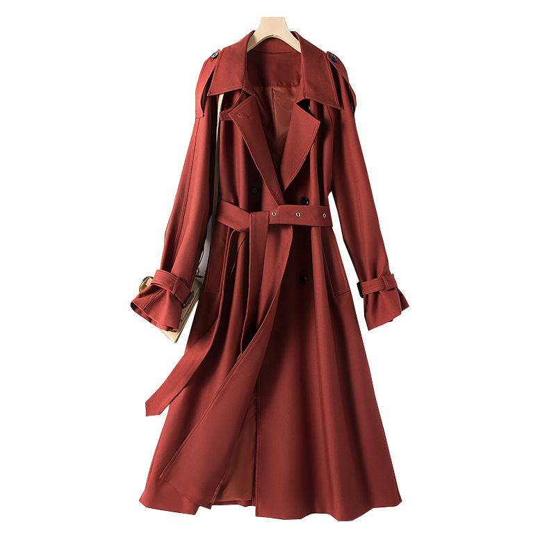 2024 Korean style temperament plus size windbreaker, slim and versatile long coat, lace-up waist women's clothing