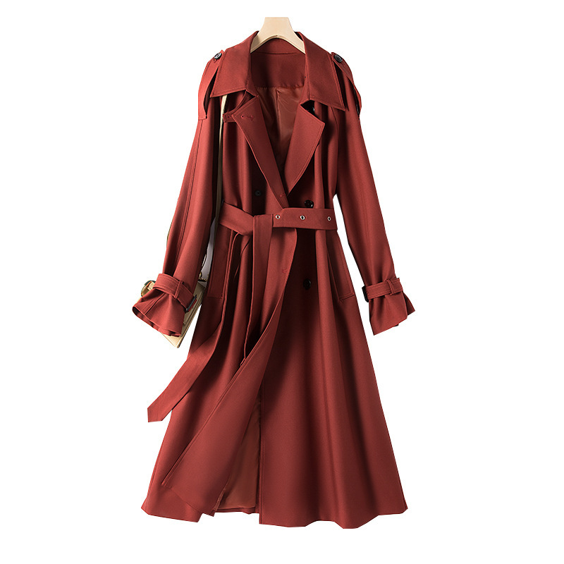 2024 Korean style temperament plus size windbreaker, slim and versatile long coat, lace-up waist women's clothing