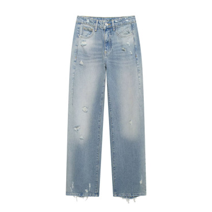 Women's ripped mid-rise straight jeans