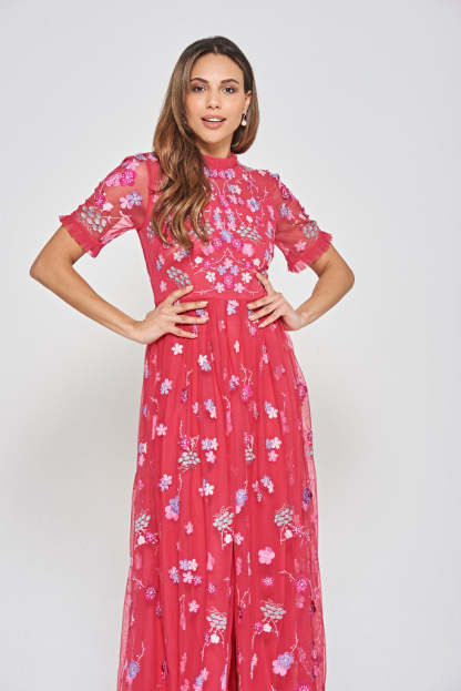Crimson Floral Embroidered Maxi Dress