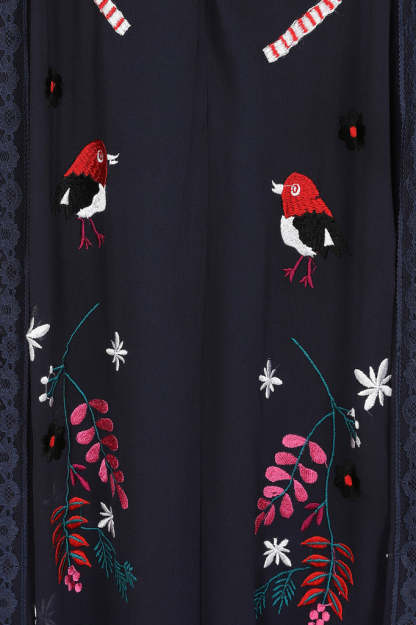 Navy Christmas Embroidered Maxi Dress with Lace Panels