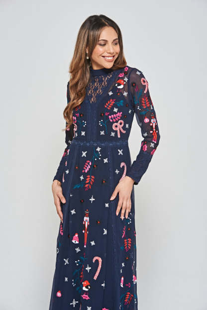 Navy Christmas Embroidered Maxi Dress with Lace Panels
