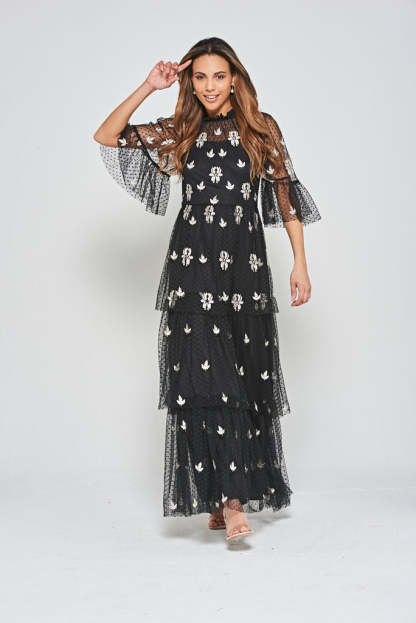 Black Leaf Embroidered Tiered Maxi Dress