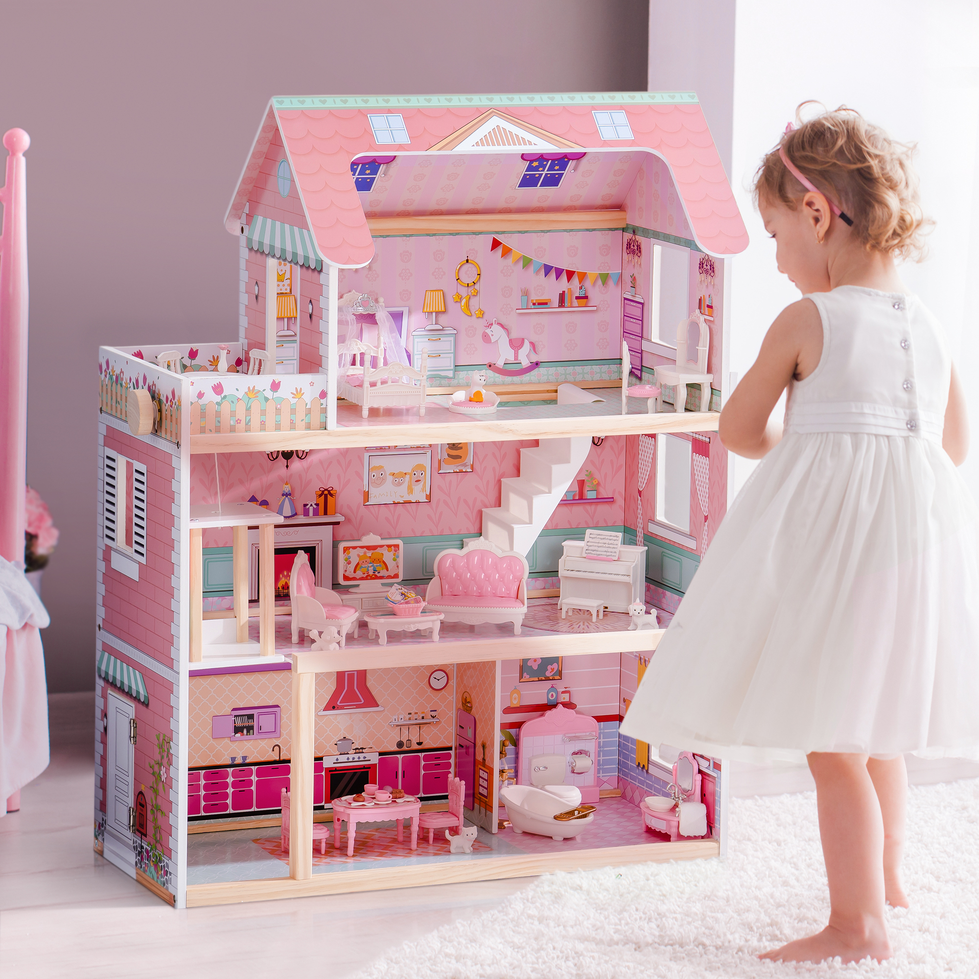 Wooden Dollhouse With Fountain Garden Playset