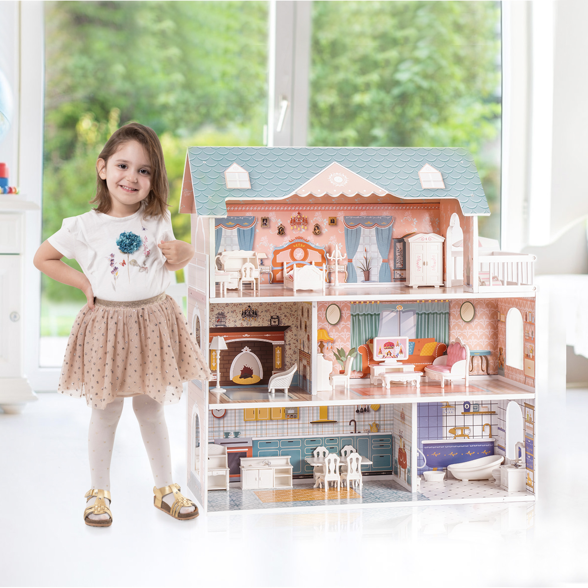 Wooden Dollhouse For Kids Girls With Furniture