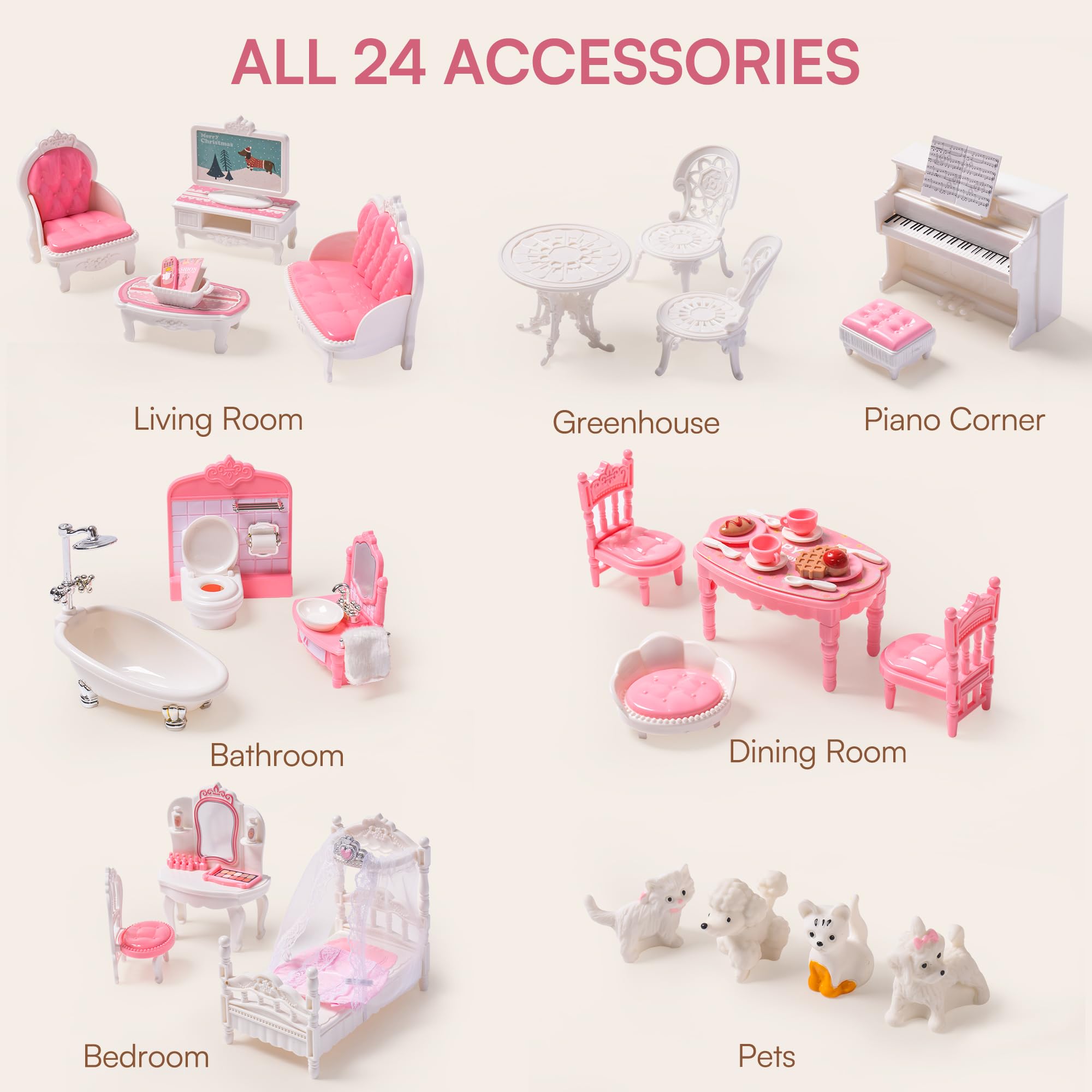 Wooden Dollhouse For Kids With 24 Pieces Furniture Preschool