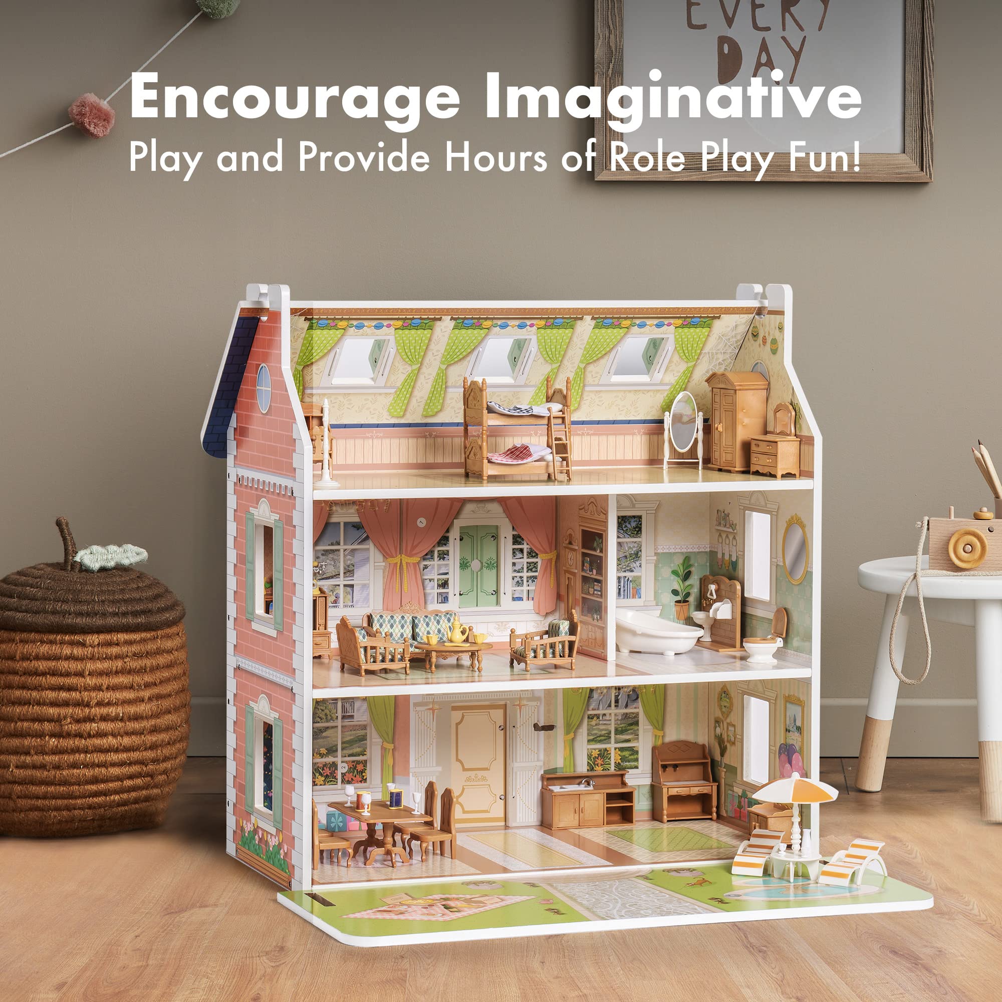 Colonial Style Wooden Dollhouse For Kids