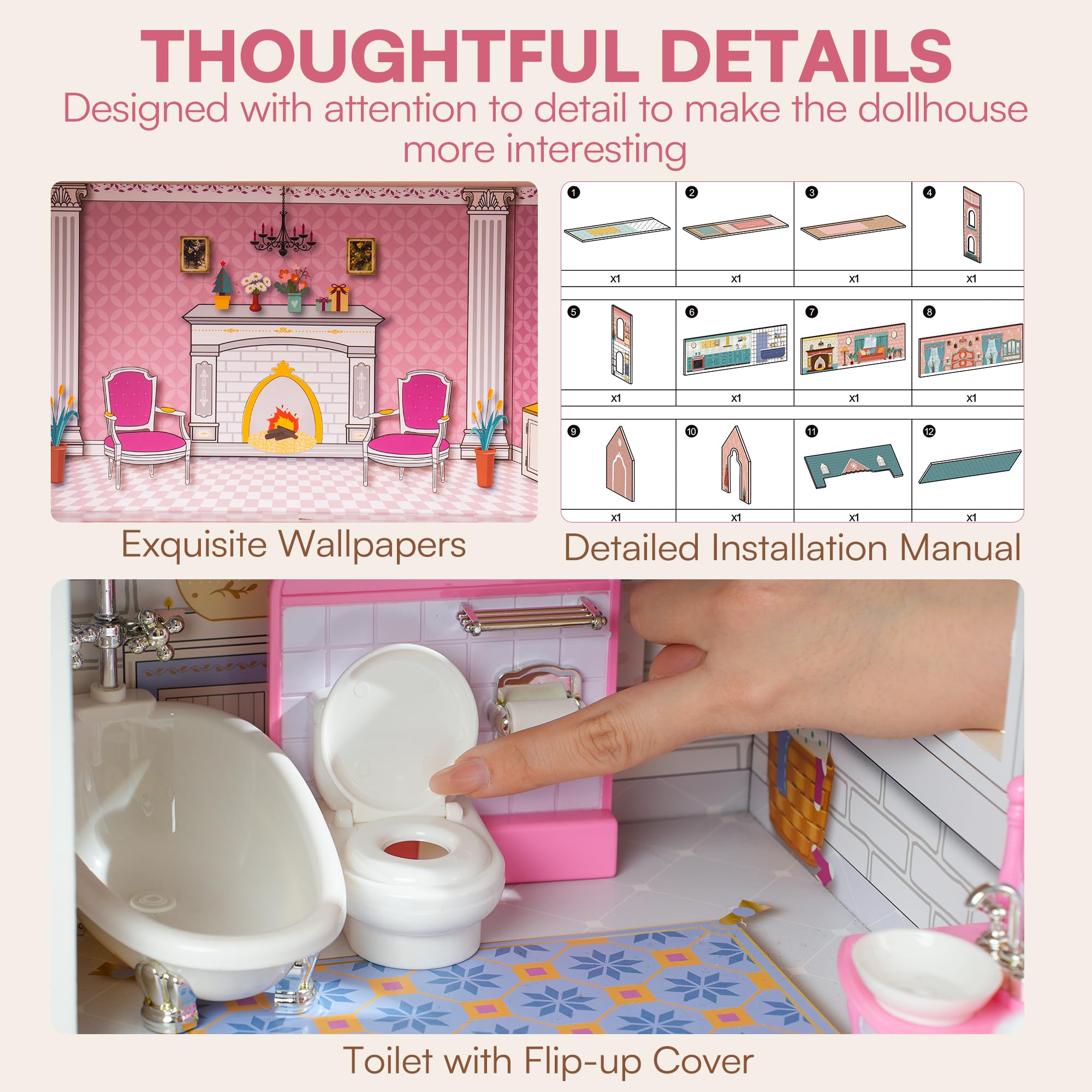 Wooden Dollhouse For Kids With 24 Pieces Furniture Preschool