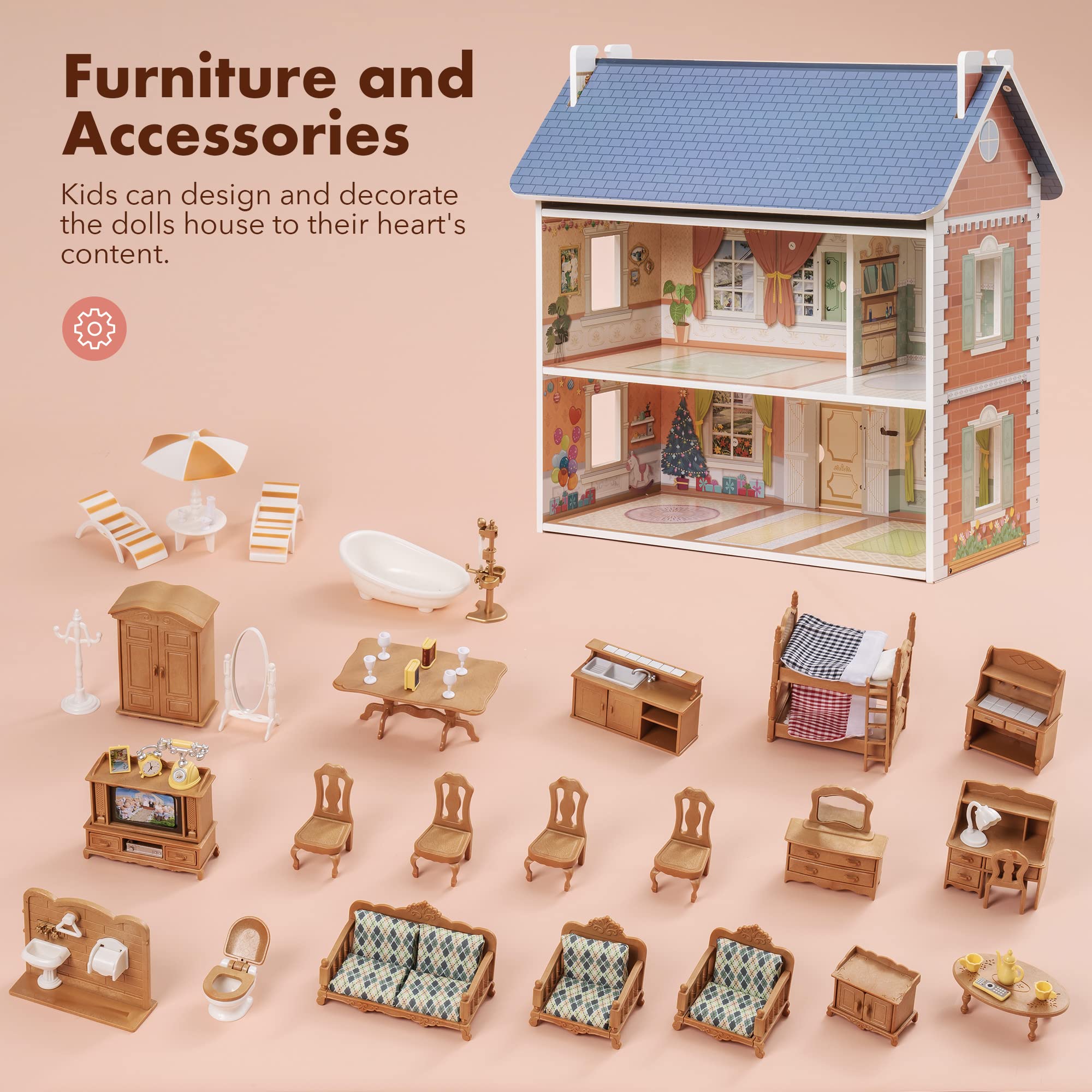 Colonial Style Wooden Dollhouse For Kids